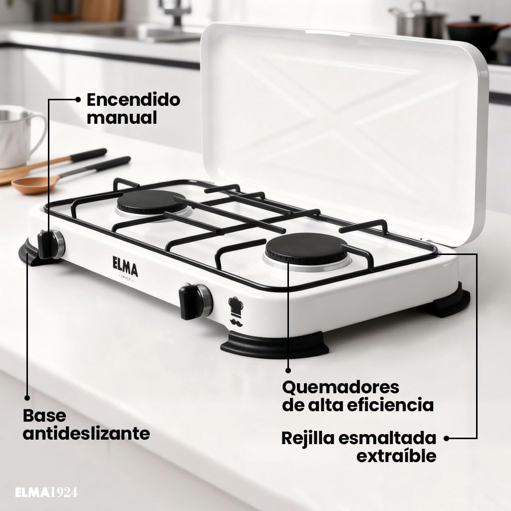 ELMA Cocina a Gas Portátil 2 Fuegos – Compacta y Ligera, Ideal para Camping, Caravanas y Uso en Casa | Compatible con Gas Butano y Propano, Incluye Instrucciones de Montaje | 58 x 28 x 5,5 cm