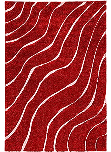 Image of Textured Wave Round Shaggy Carpet for Living Room, Bedroom, High Low Design Finish Microfiber 1.8 Inch Pile High, 5x5 Feet Red Ivory Color