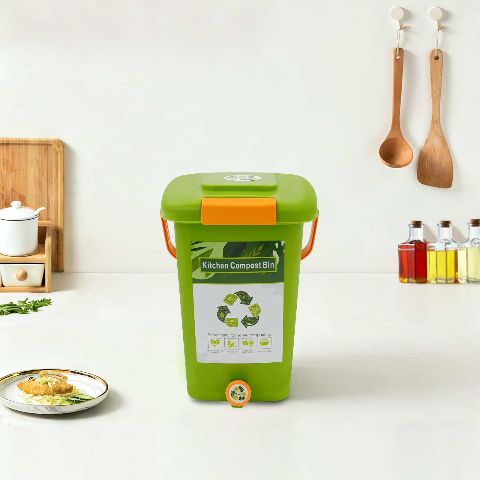 Poubelle bio de cuisine 10 l/15 l/20 l, seau bio avec double couvercle, poubelle à compost anti-odeurs pour déchets et recyclage, bac à compost pour plan de travail, balcon et jardin (15 l)