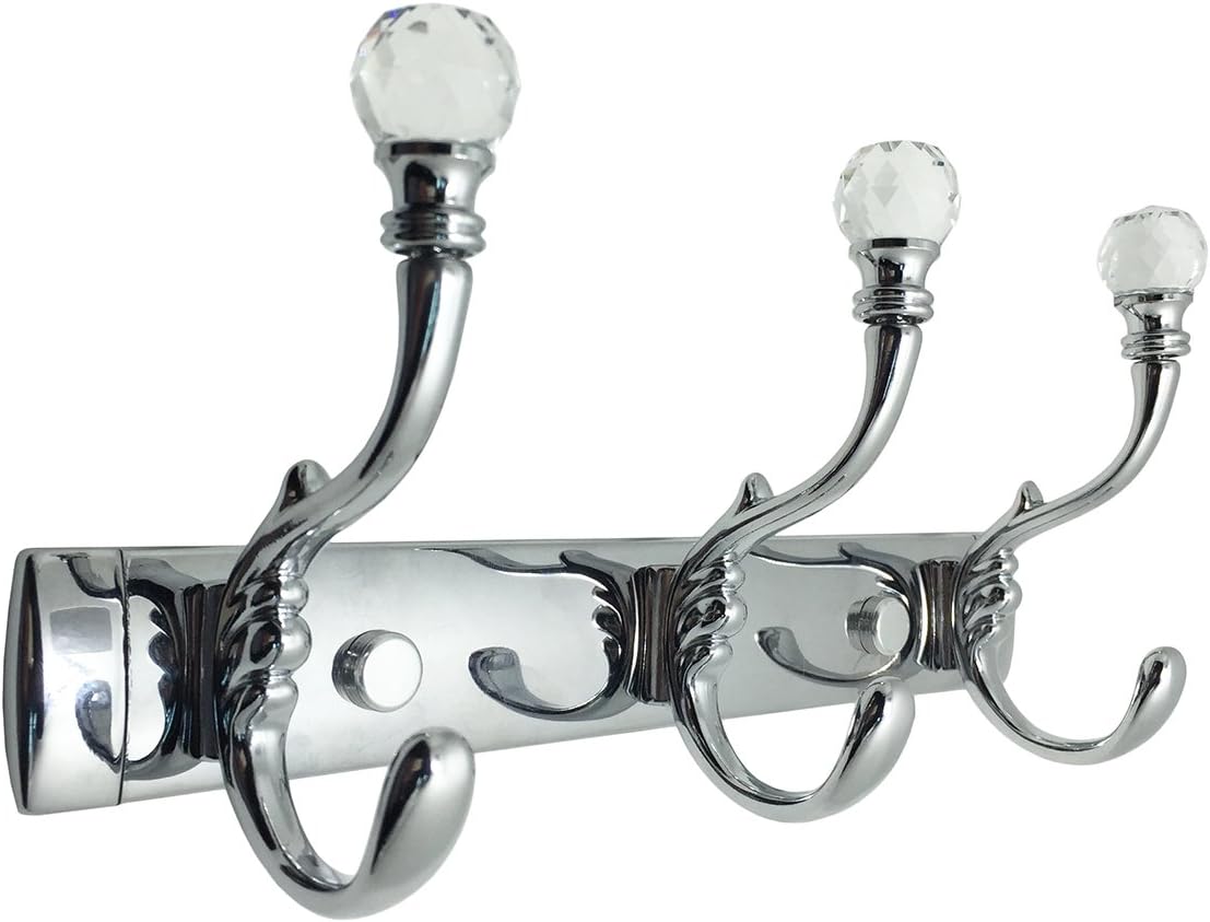 Coat Rack Hat Rail with Crystal Ball Ends, Yashi, Wall Mount Stainless Steel Heavy Duty Hook (3 Hooks)