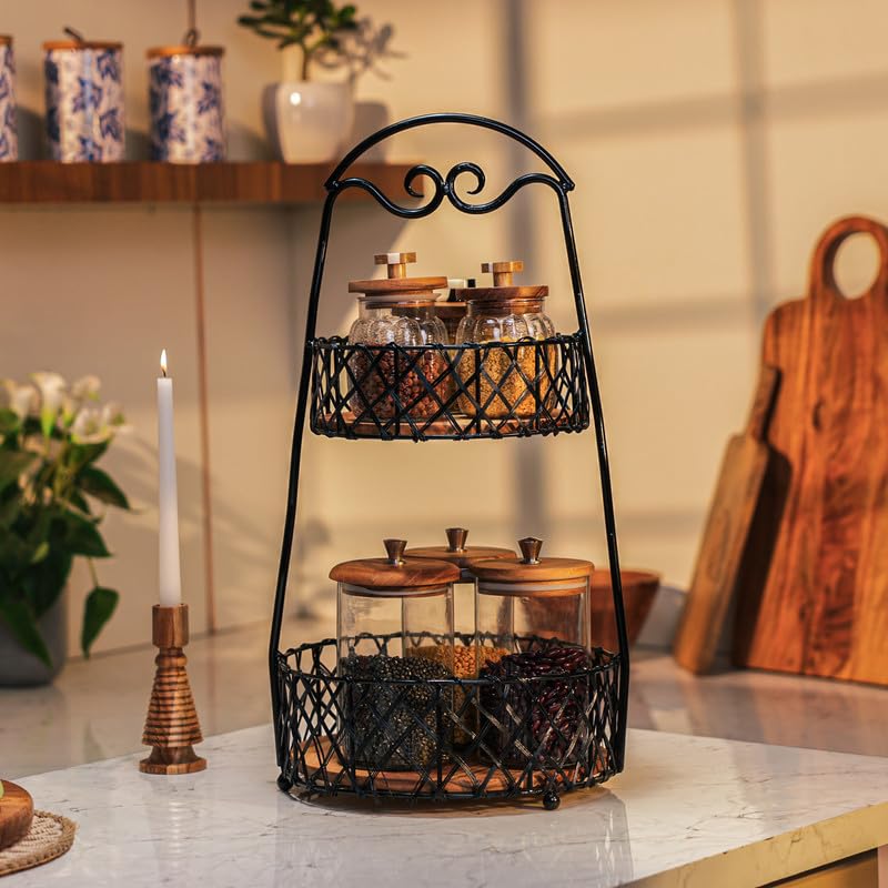 Ireka Home Orbit Multipurpose Storage Basket | Round Acacia Wood Base with Iron Handles | Storage Organizer for Living Room, Home & Kitchen