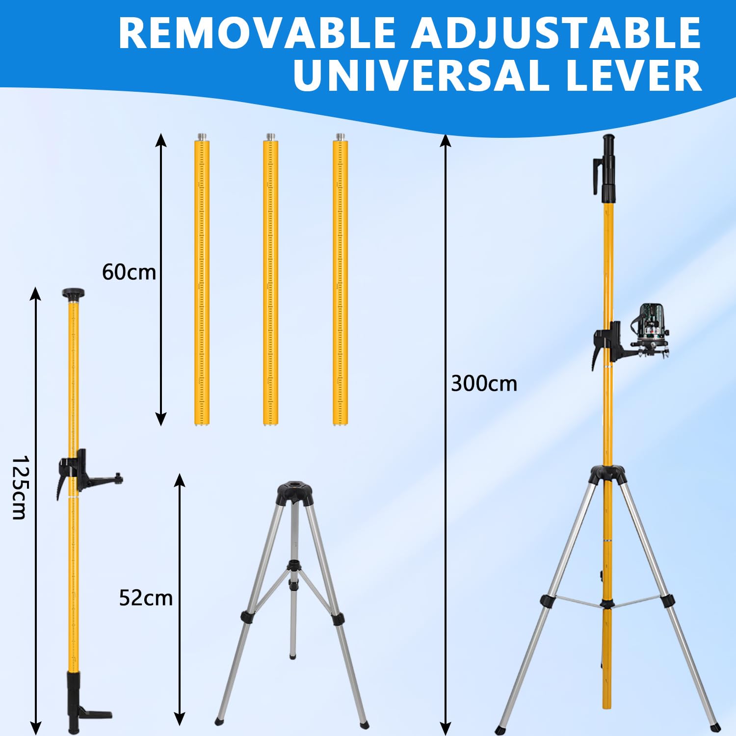 Mástil telescópico para láser, trípode para láser de 4,2 m con ajuste de altura de 240 a 420 cm, trípode de obra giratorio a 360° con adaptadores roscados de 1/4« y 5/8», capacidad de carga máxima