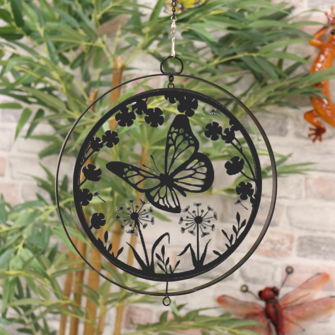 Butterfly Silhouette Hanging Orbit Spinner - Black Metal Wind Spinner Tree Hanger - Magical Garden Ornament - Magic Gifts for Mum