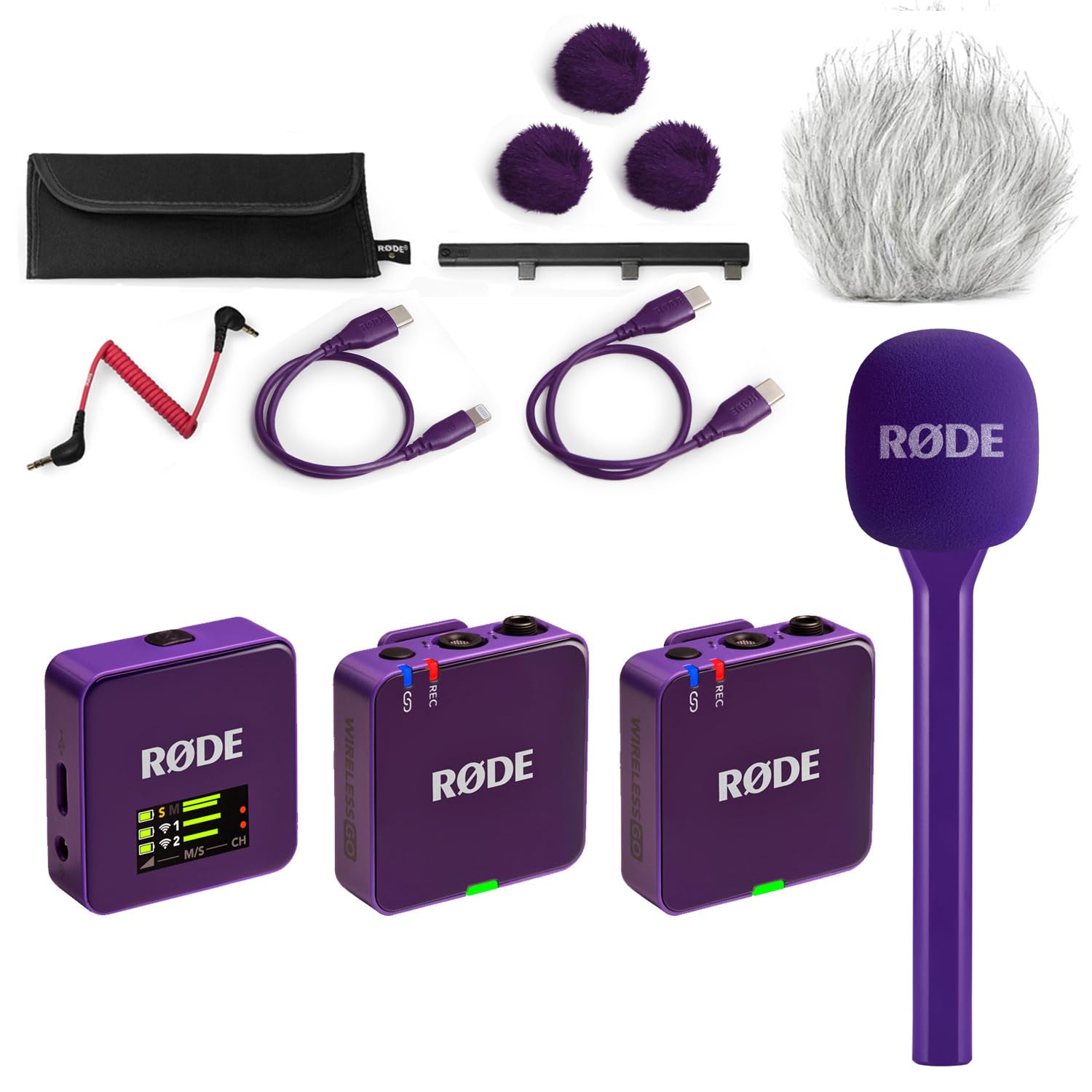 Rode Wireless GO Gen 3 bezprzewodowy 2-kanałowy system radiowy mikrofonu, fioletowy z interview GO, adapter ręczny, fioletowy i keepdrum, futrzana ochrona przed wiatrem