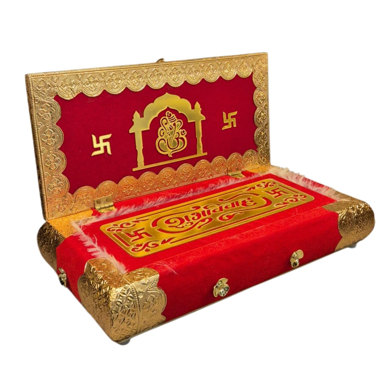 BALAJI MART Red Velvet Wedding Invitation Box with Gold Brass Frame, Design, 12x6 Inch, Traditional Marriage Patrika with Tassel 1