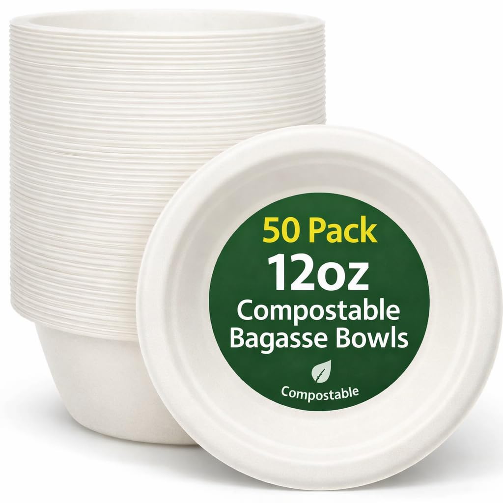 1ABOVE 50 Pack Compostable Bowls – 350ml Small Disposable Bagasse Bowl (12OZ) | Biodegradable Microwavable Strong Party for Soup Salad Cereal Dessert & Snacks