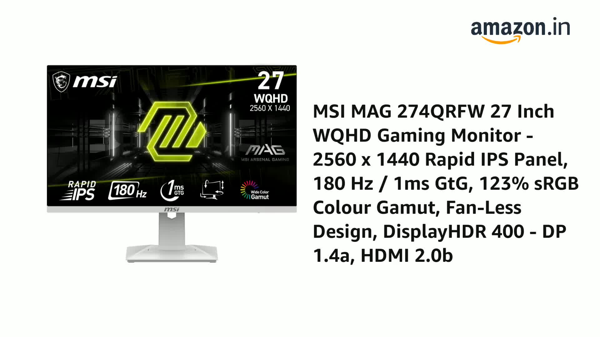 MSI MAG 274QRFW 27 Inch WQHD Gaming Monitor - 2560 x 1440 Rapid