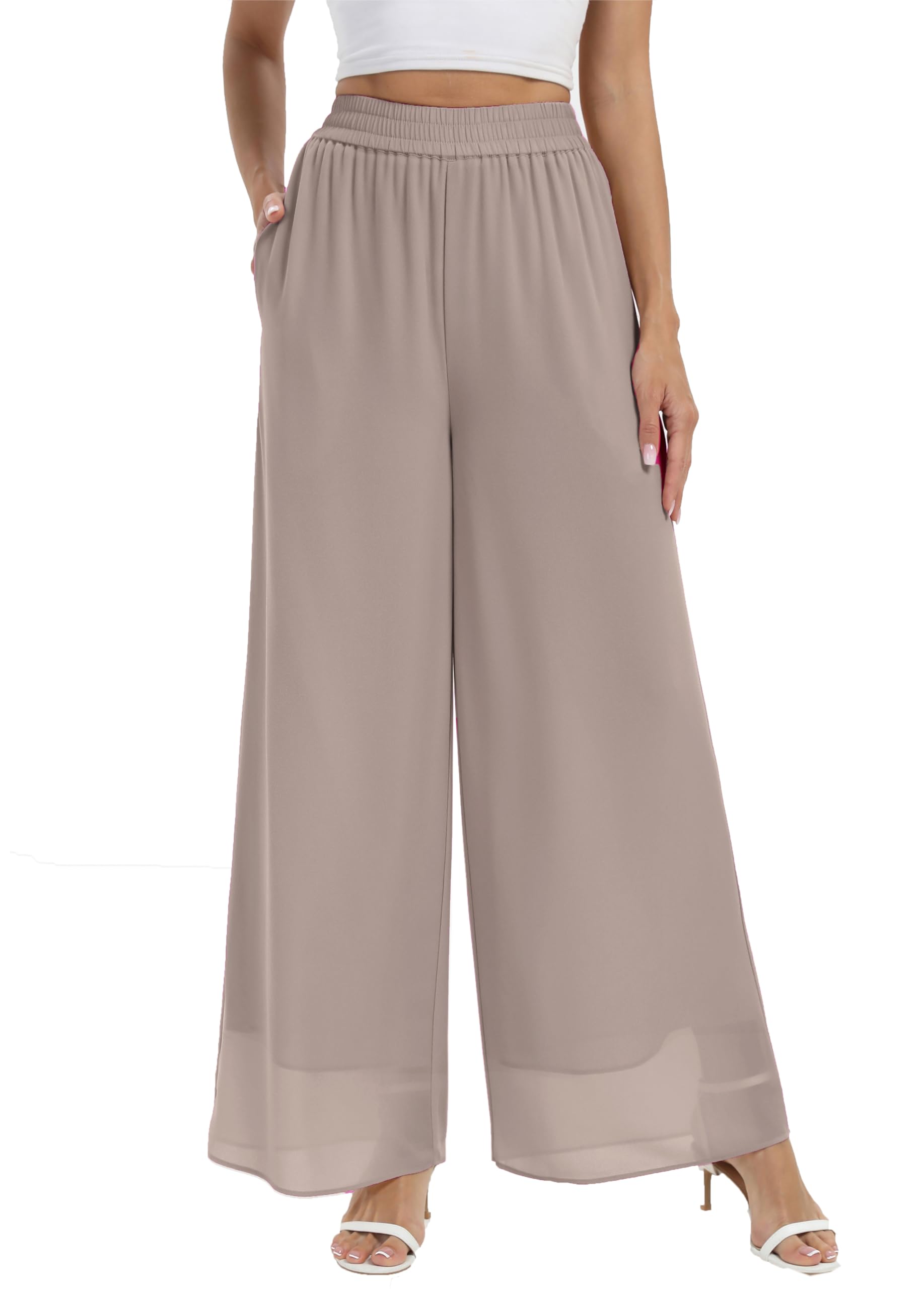heipeiwa Women's Chiffon Dress Beach Wide Leg Palazzo Pants Elastic Waist Trouser