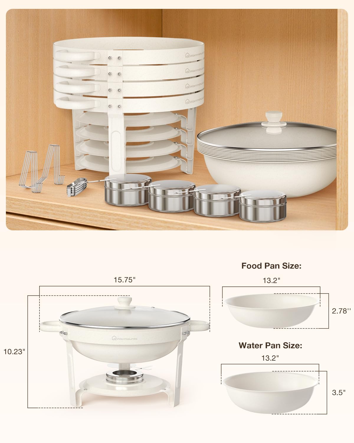 WARMOUNTS Platos de frotamiento blancos para buffet con tapa de vidrio (5 cuartos de galón, 2 unidades), juego de platos redondos recubiertos de maifanita con acero inoxidable pulido con espejo, borde