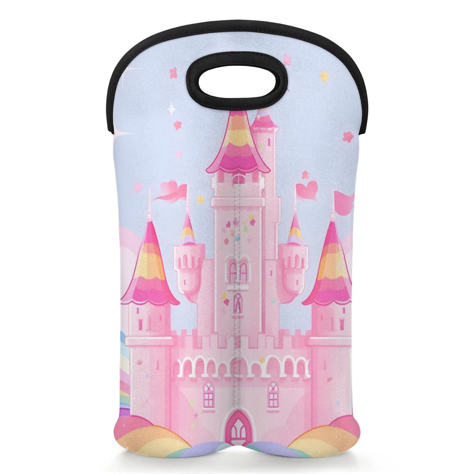 GzLeyigou 2 Bottles Pink Castle Wine Bag Sleeve Totes Neoprene Protective Wine Carrier Bag for Wine,Water, Champagne, Beer, Baby Bottles,Gift 14.5 x 10 Inches