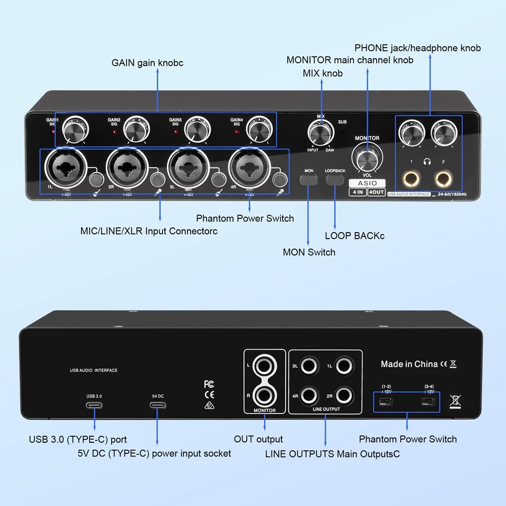 Interfaz de Audio USB Profesional de 4 Canales para Estudio, Grabación en, Tarjeta de Sonido, Preamplificador de Micrófono, Compatible con ASIO.