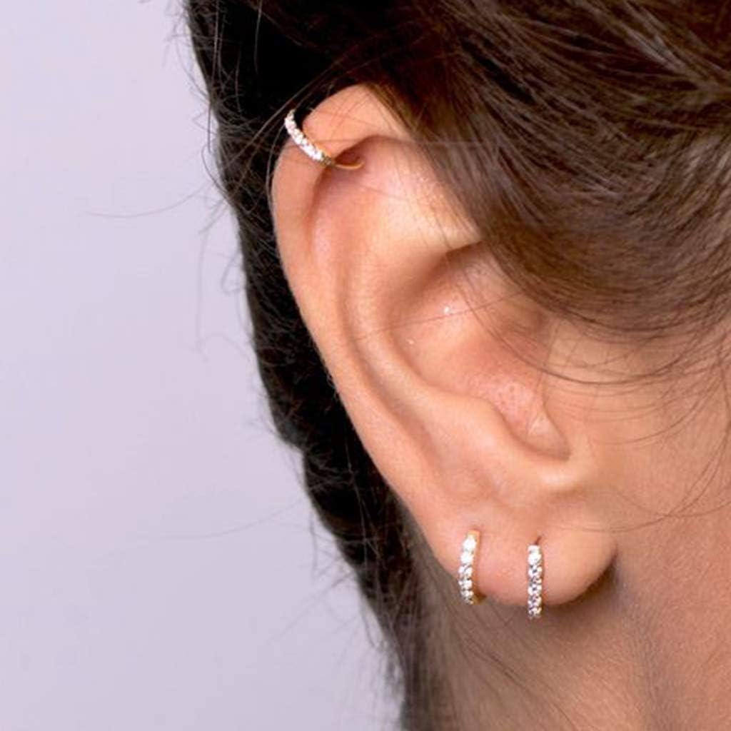 Silver Hoop Earrings for Women, 3 Pairs Small Sterling Silver Huggie Earrings | Tiny Cubic Zirconia Cartilage Cuff Earrings Hoop Piercing Jewellery for Men Teens (8mm/10mm/12mm) - Image 5