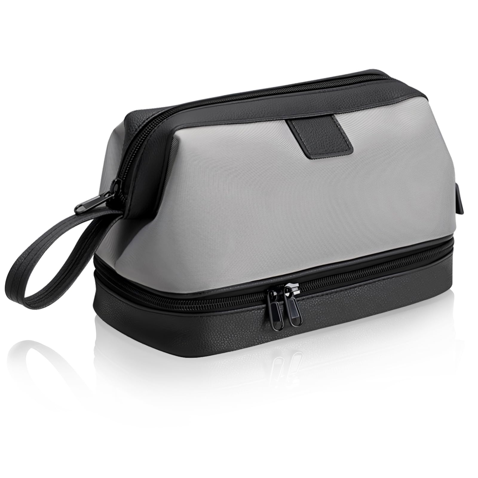 JUBORUI Kulturbeutel Herren, Wasserdicht Waschtasche mit Trocken/Nasstasche, Reise Kulturbeutel mit Segeltuch und Leder, Toilettentasche Herren für Rasierutensilien und Kulturzubehör (Grau)