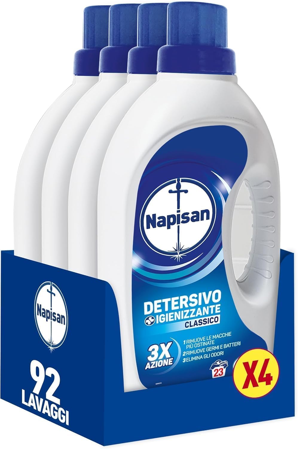 Napisan Detersivo Lavatrice Liquido, Detersivo Igienizzante, Classico 3x azione, Lavaggi, Nessun Colore, 1.15 l, Senza Profumazione. da 23 lavaggi (Confezione da 4)