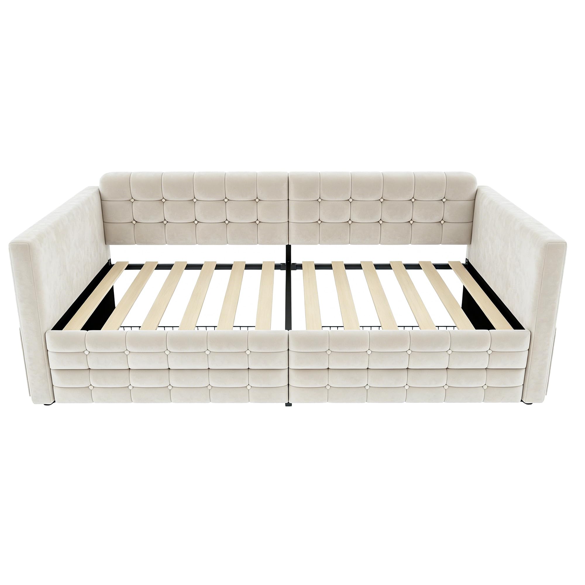 Estructura de Sofa Cama Individual 90x190cm Cama Tapizada con 2 Cajones Mueble Dormitorio Base de Cama Somier Madera Bolsillos Laterales Habitacion Invitados Terciopelo Beige