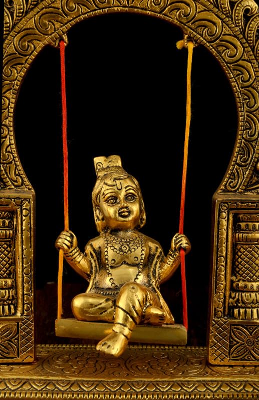 Image of White Metal Krishna on Swing Jhula 7.9 - Golden | Oxidized Bal Gopal for Temple & Home Home | Durable Material | Ideal for Home Decor | Perfect for Gifting