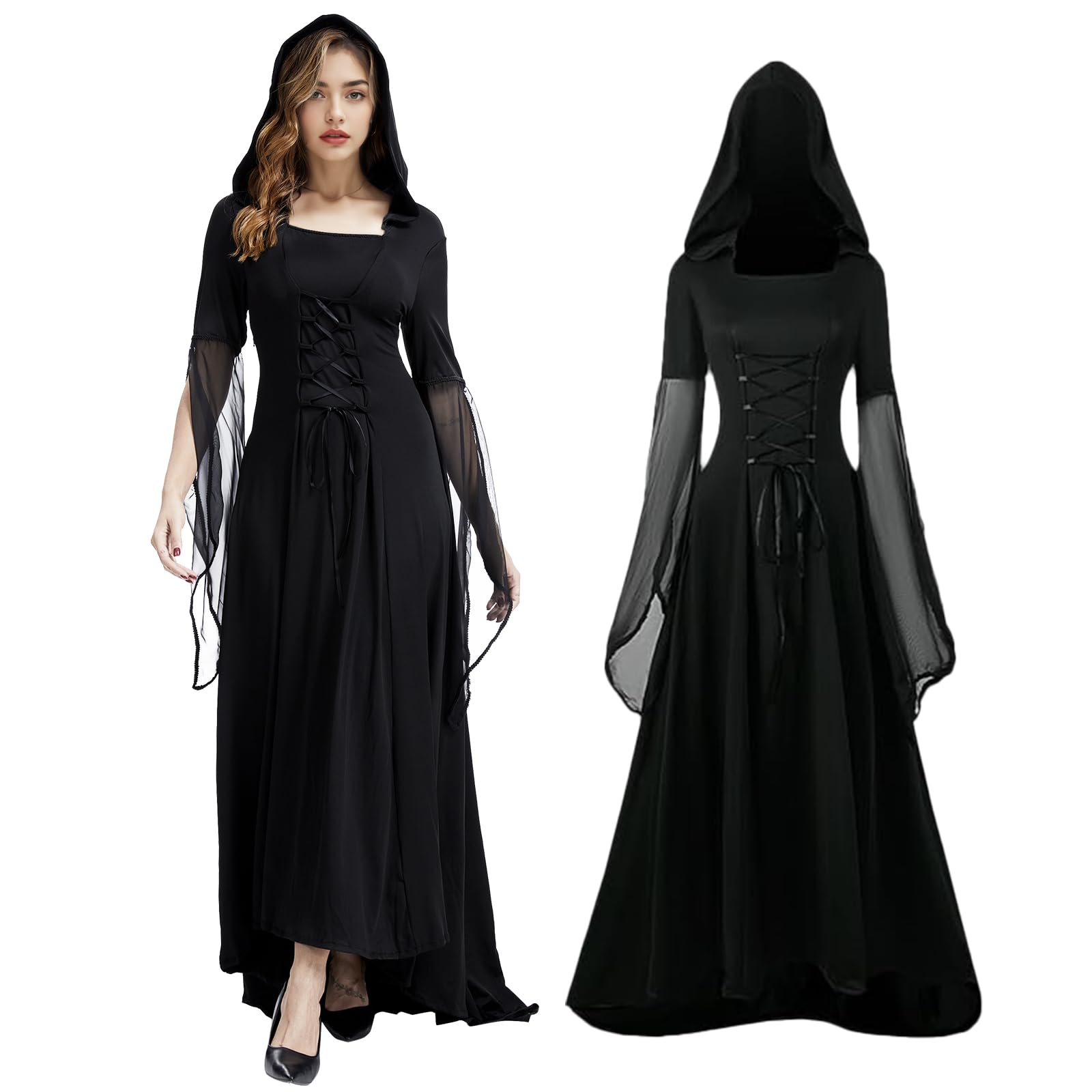 QEKFDOV Damen Mittelalter Kleid,Gothic Schnürkleid,Renaissance Vintage Party Cosplay Mittelalter Kleidung(A, XL)