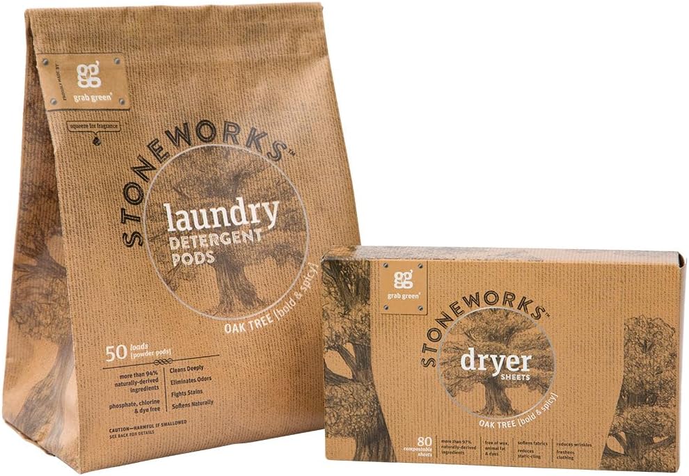 Grab Green Stoneworks - Paquete de cápsulas de detergente para ropa y hojas de secadora, 50 cápsulas y 80 hojas de secadora, aroma a árbol de roble,
