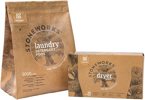 Grab Green Stoneworks - Paquete de cápsulas de detergente para ropa y hojas de secadora, 50 cápsulas y 80 hojas de secadora, aroma a árbol de roble,