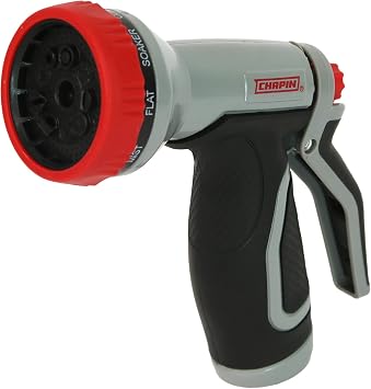 Chapin 46847 9-Pattern Garden Hose Spray Nozzle with Rear Trigger Grip, Threaded Connection Fits Standard Garden Hose, for Gardening, Landscaping, Watering and Outdoor Jobs, Red/Black/Grey