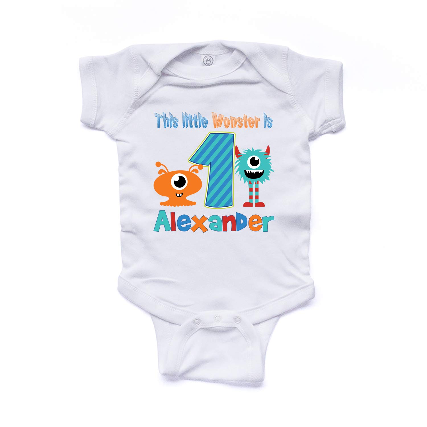 NanyCrafts Baby's This Little Monster Birthday Boy Personalized Baby Bodysuit NB White