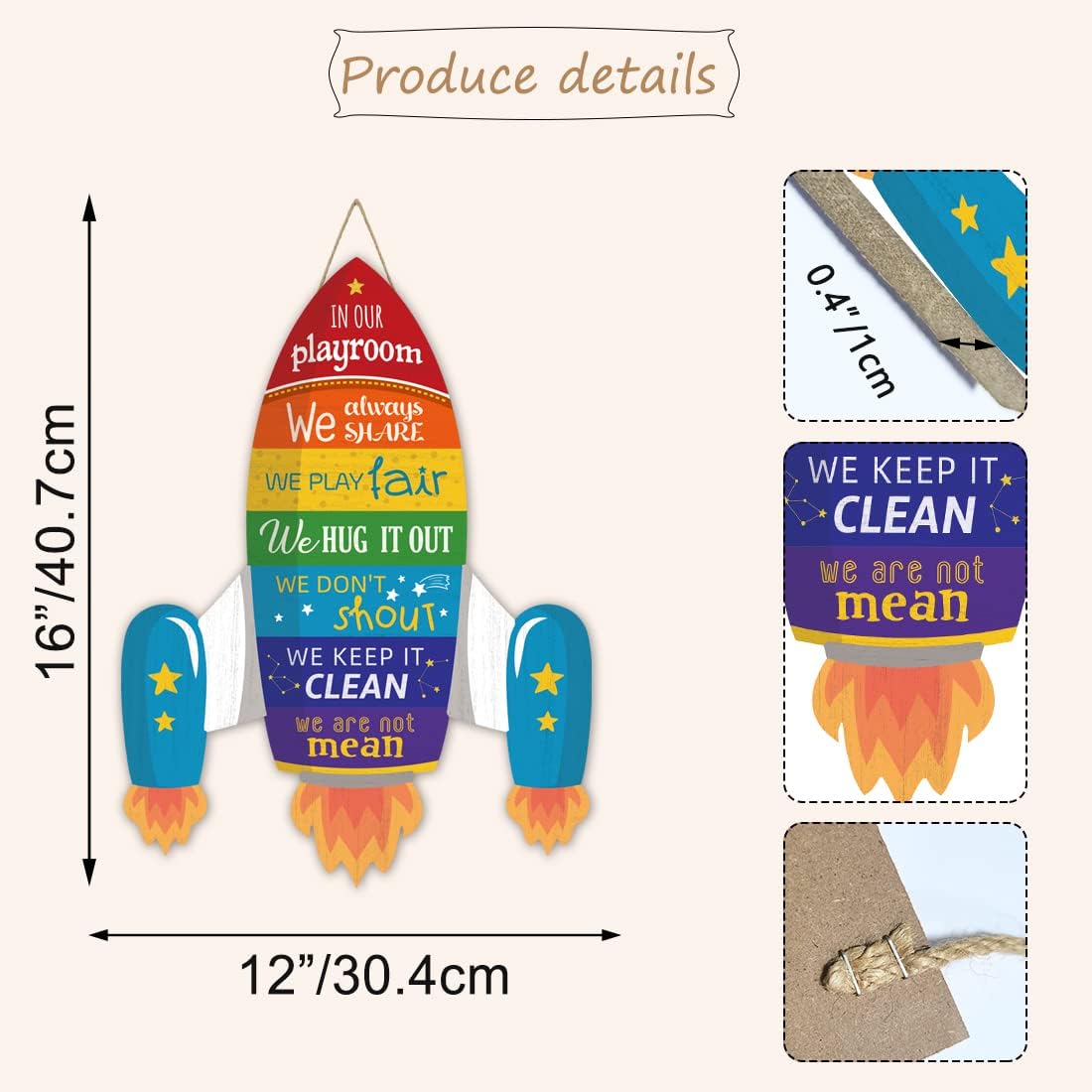 IARTTOP Cartoon Universe Rocket Wood Sign for Playroom Rule Wooden Hanging, Funny Outer Space Wall Decor for Boy Room, Universe Space Wall Art Door Sign, Rocket Shape Nursery Art Kids Game Room Decor