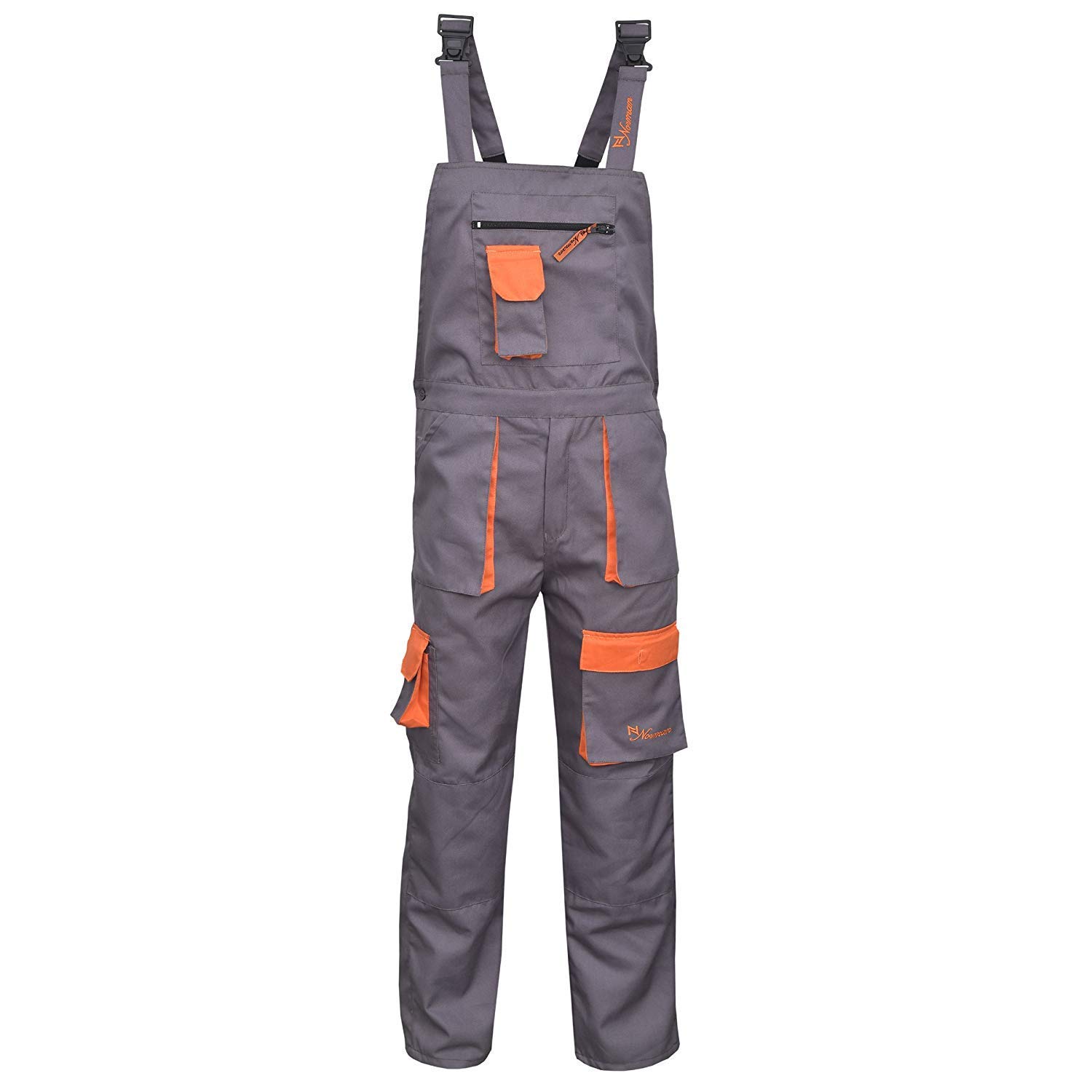 NORMAN Grey Contrast Painters Work Wear Bib and Brace Overall Coverall Dungaress Heavy Duty (L)