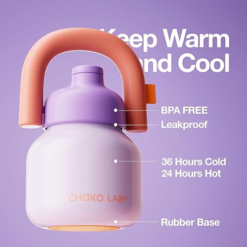 Miniatura 2 de CHAKO LAB Botella de agua con pajilla y asa de transporte, botellas de acero inoxidable con aislamiento al vacío de boca ancha, reutilizable, a