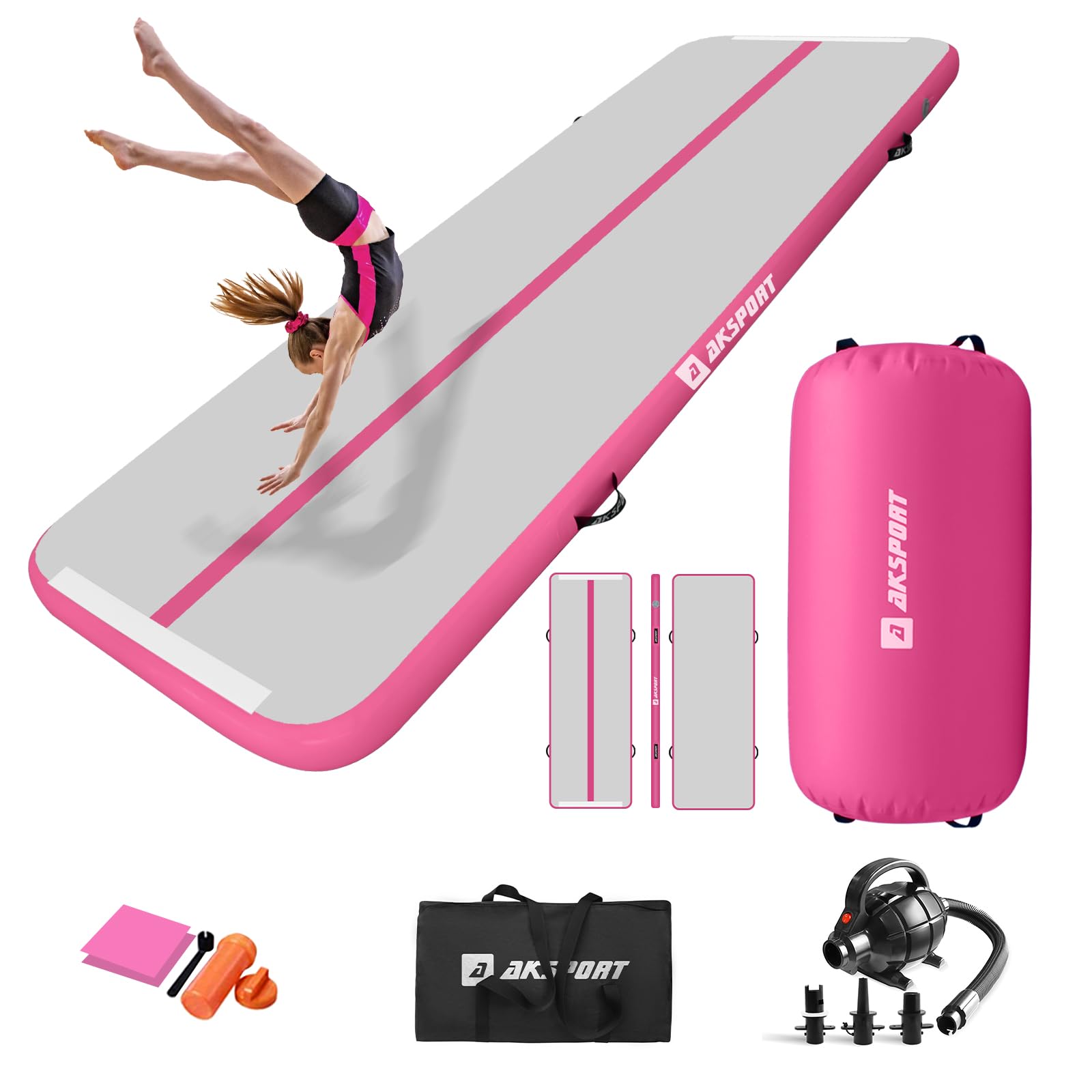 AKSPORT Airtrack mit Air Roll Aufblasbar Gymnastikmatte Turnmatte Air Tracking Matte 3m mit rolle mit Luftpumpe für Hause/Yoga/Cheerleading/Tumbling/Rückwärtsbeugen