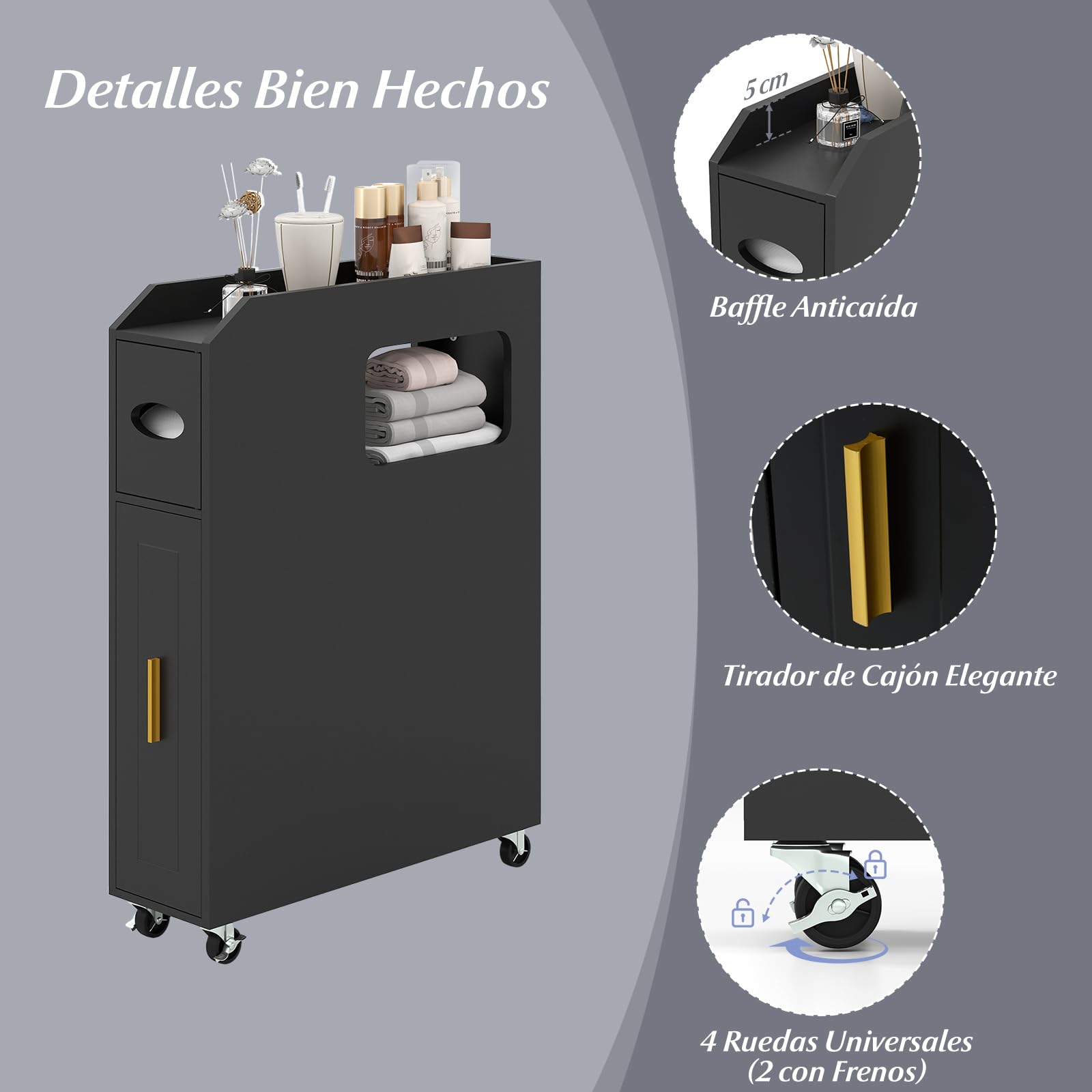 COSTWAY Armario Auxiliar de Baño con Ruedas Bloqueables, Mueble de Baño Estrecho con Cajón Deslizante, Caja de Pañuelos, Soporte para Cepillo de Inodoro para Cocina Salón, 50 x 16 x 69 cm (Negro)