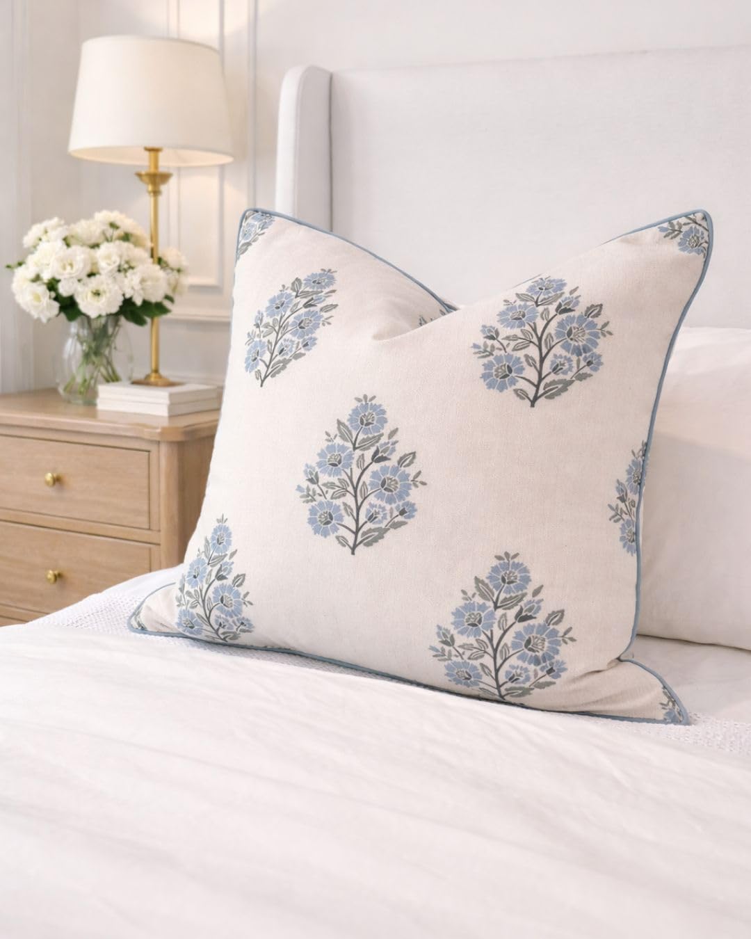 “The Camille” Floral Block Print Pillow Cover – Soft Blue and White Decorative Throw Pillow Cover – Grandmillennial Home Decor, 20" x 20" - Image 2