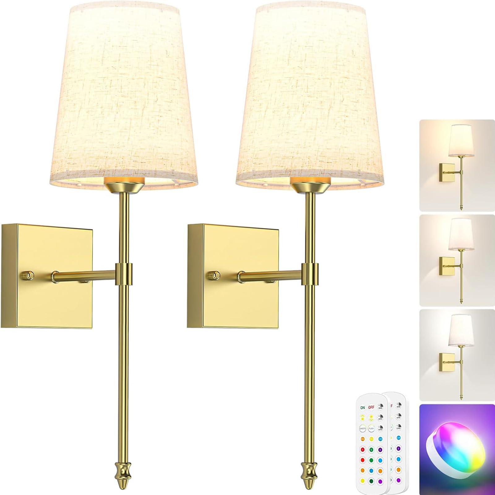 LABOREDUCER Wall Light Indoor Wireless Battery Wall Light with Remote Control, 5000 mAh Battery LED Wall Lamp Indoor with Dimmable RGB and 3 Colour Temperatures, Gold Wall Lamp Vintage Pack of 2