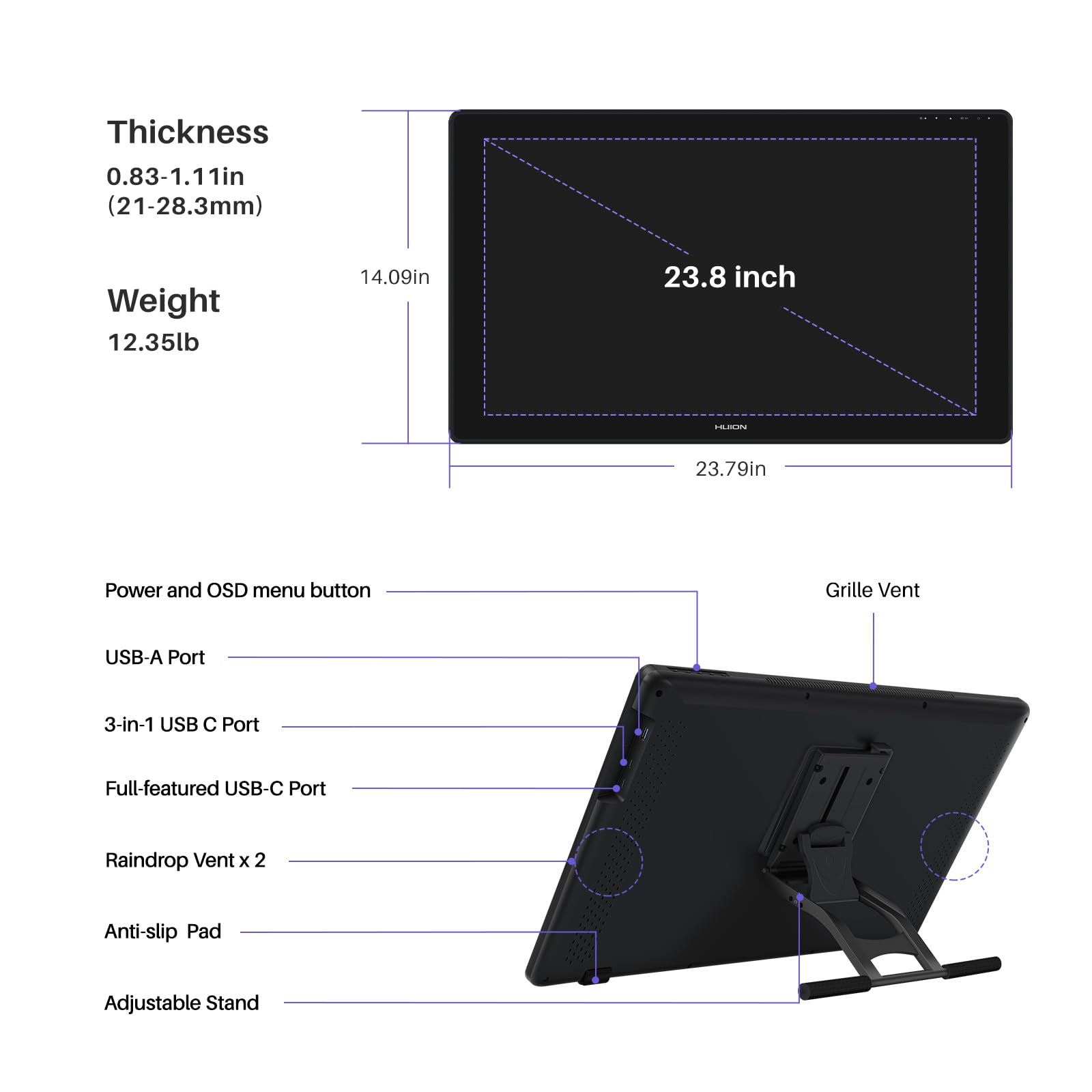 HUION Kamvas 24 Plus 2.5K QHD Tavoletta grafica con schermo, 140% sRGB Full-Laminated QD Drawing Monitor con Pennino senza batteria 8192 Pen Inclinazione della pressione per PC, Mac, Android, display