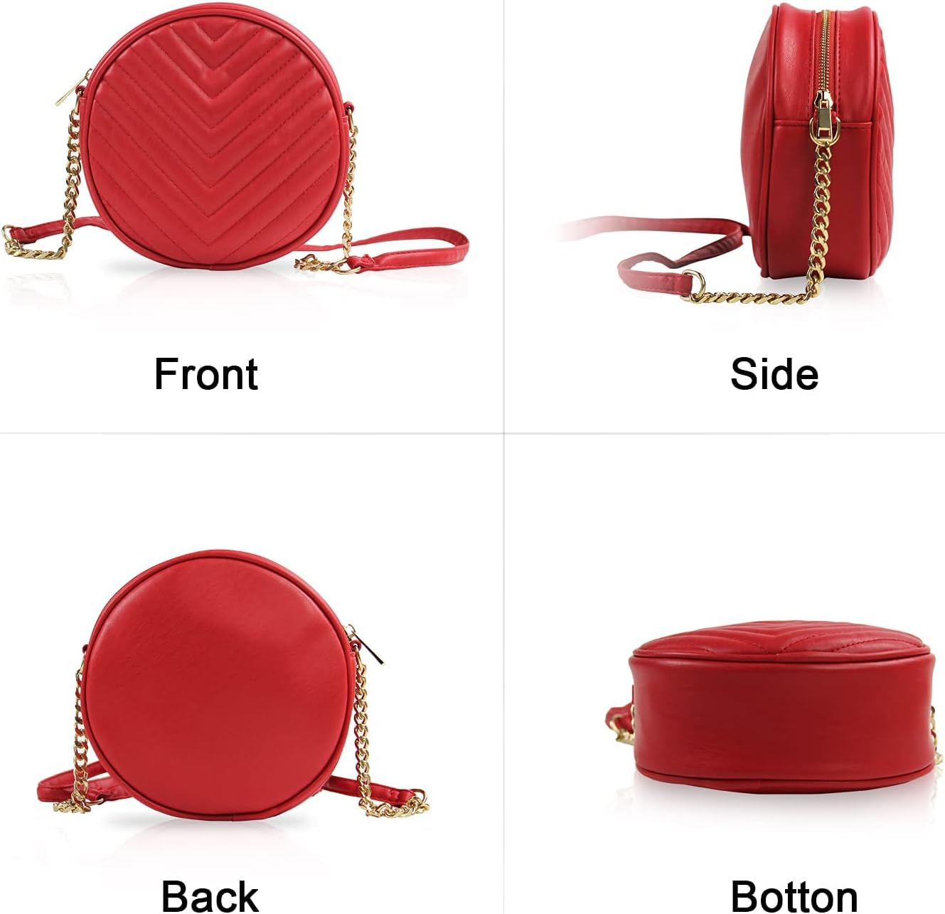 Round Crossbody Bag for Women,PU Leather Shoulder Bag with Metal Chain Strap, Cellphone Purses with Zipper - Image 4