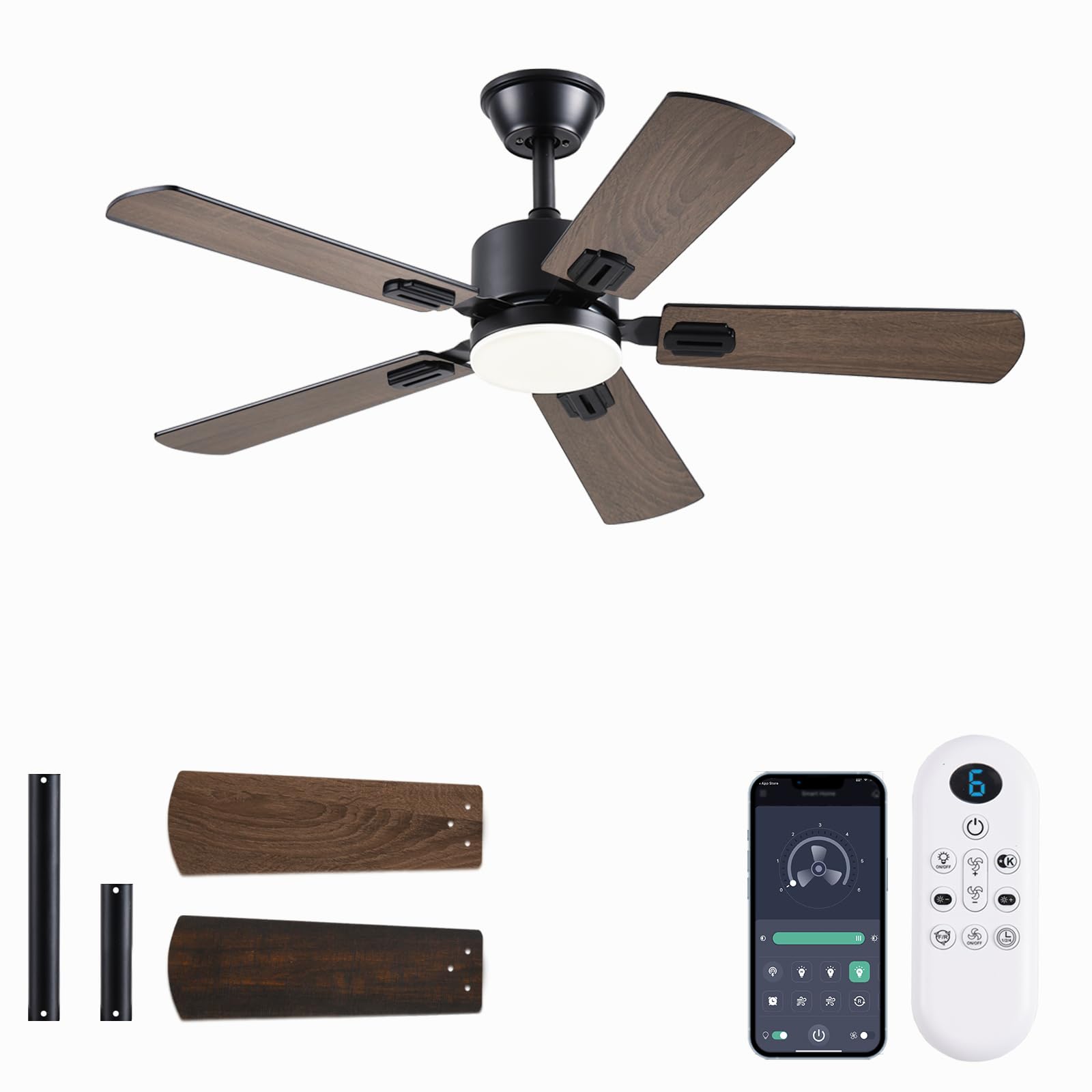 Ceiling Fans with Lights, 42 Inch Low Profile Ceiling Fan with App/Remote Control, DC Reversible Motor, Dimmable LED Ceiling Fans for Bedroom,Indoor/Outdoor Patio Use（Brown）