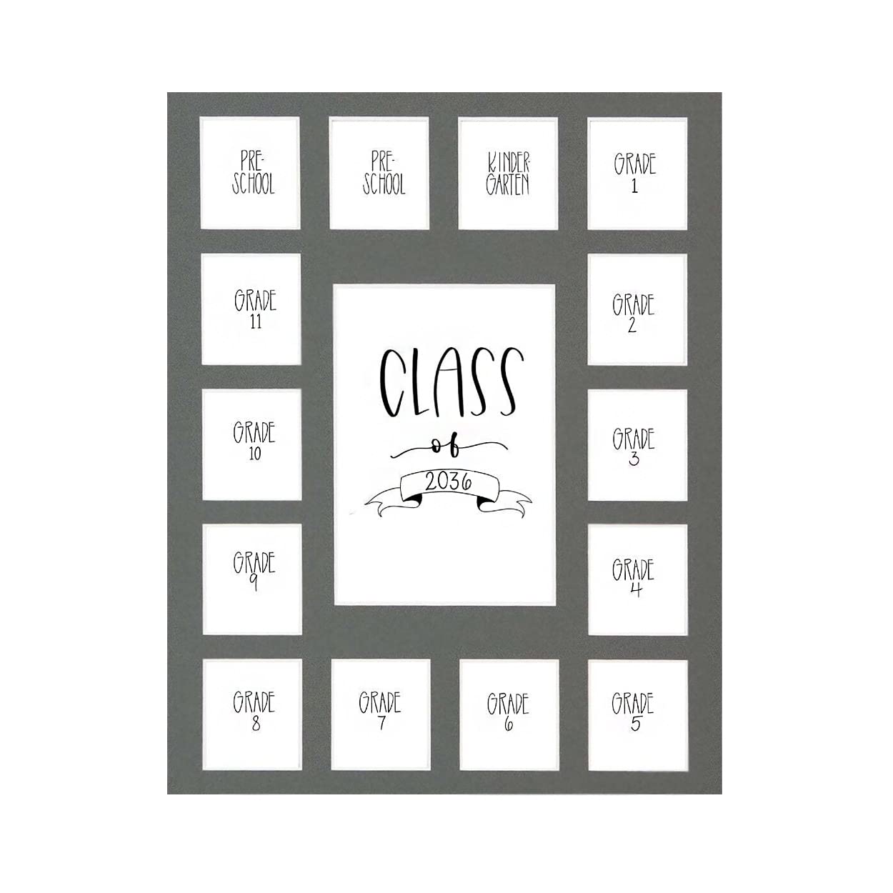 Rustic Red Door Co. Class of 2036 Photo Mat (11" x 14") Photo Collage Picture Frames Mat for School Pictures - No Frame Grey Photo Mat from Pre - K to Graduation (15 Photos)