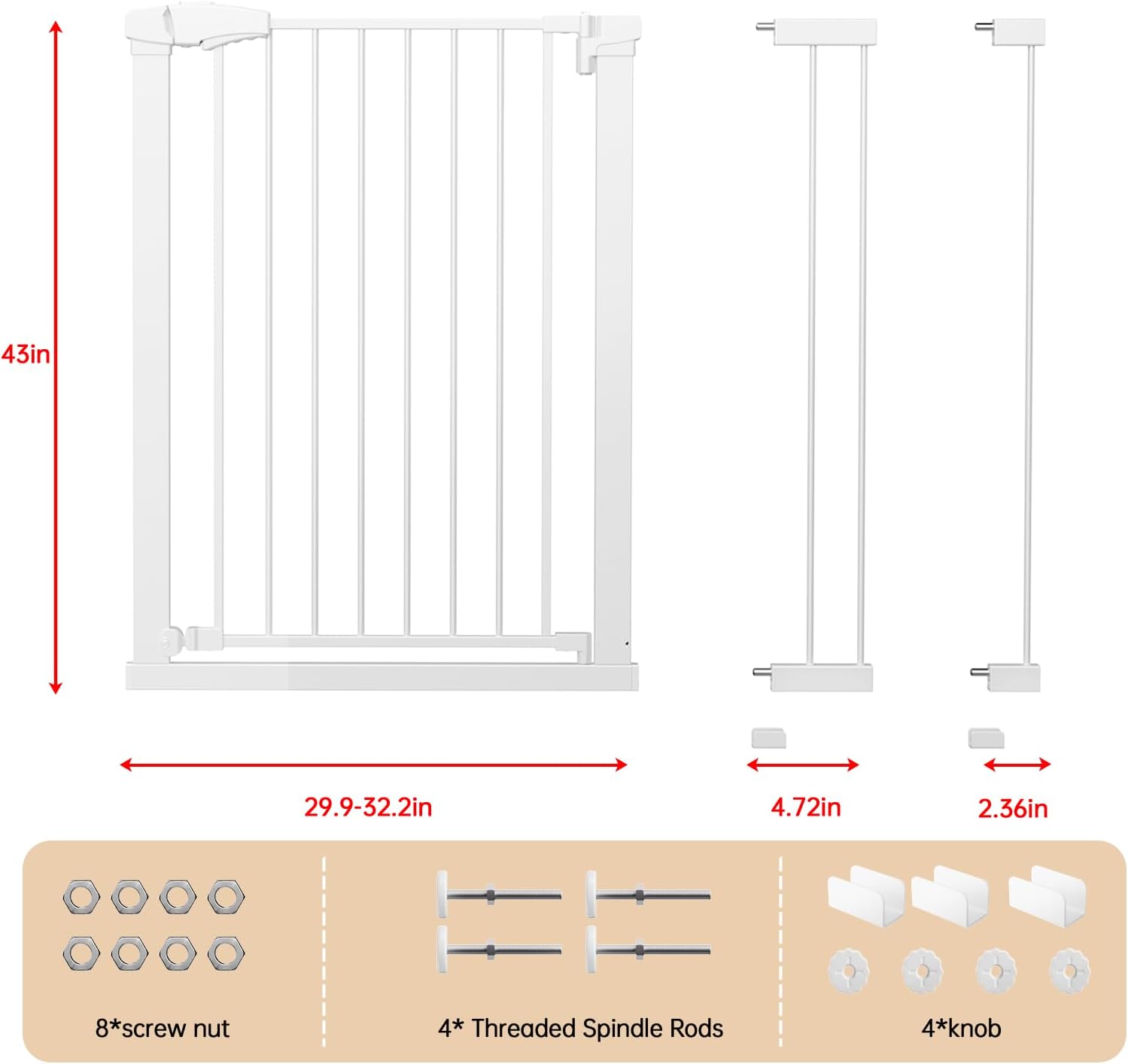 Fldofaves 42" Extra Tall Pet Gate for Cats and Dogs, Fits 29.5"-39" Wide Openings, Pressure Mounted Auto Close Cat Gate with Ultra Narrow Bar Spacing for Doorways, Stairs, Hallways(White)