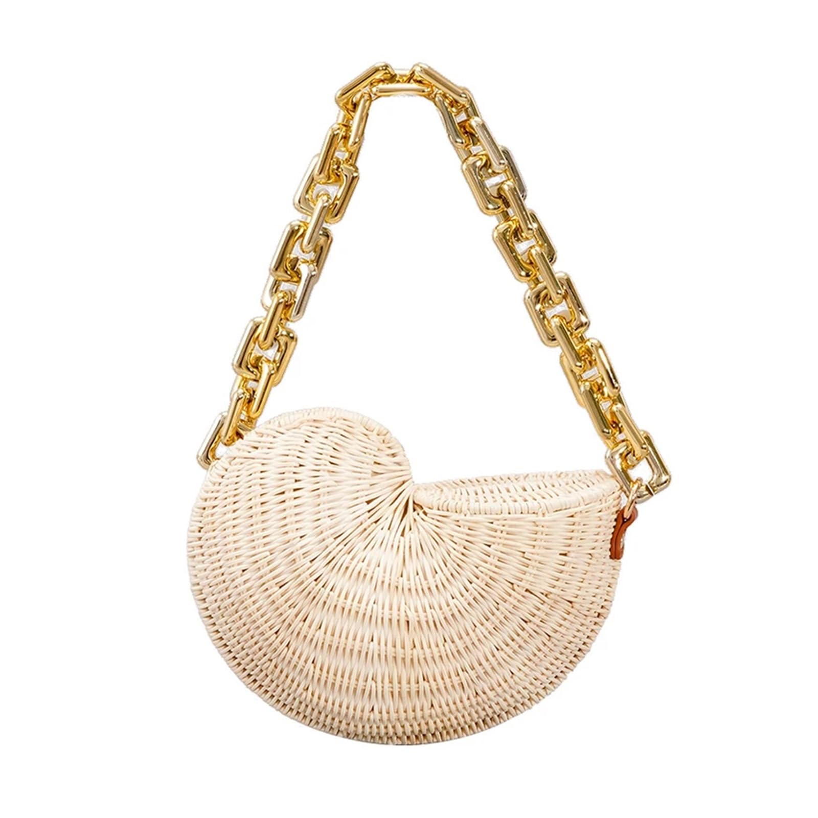 Wdsbznb Women's Beige Shell Bag Conch Rattan Handbags Shell Straw Bags For Thick Chains Shoulder Bag Wicker Woven Beach Designer Bag Tote(Beige)