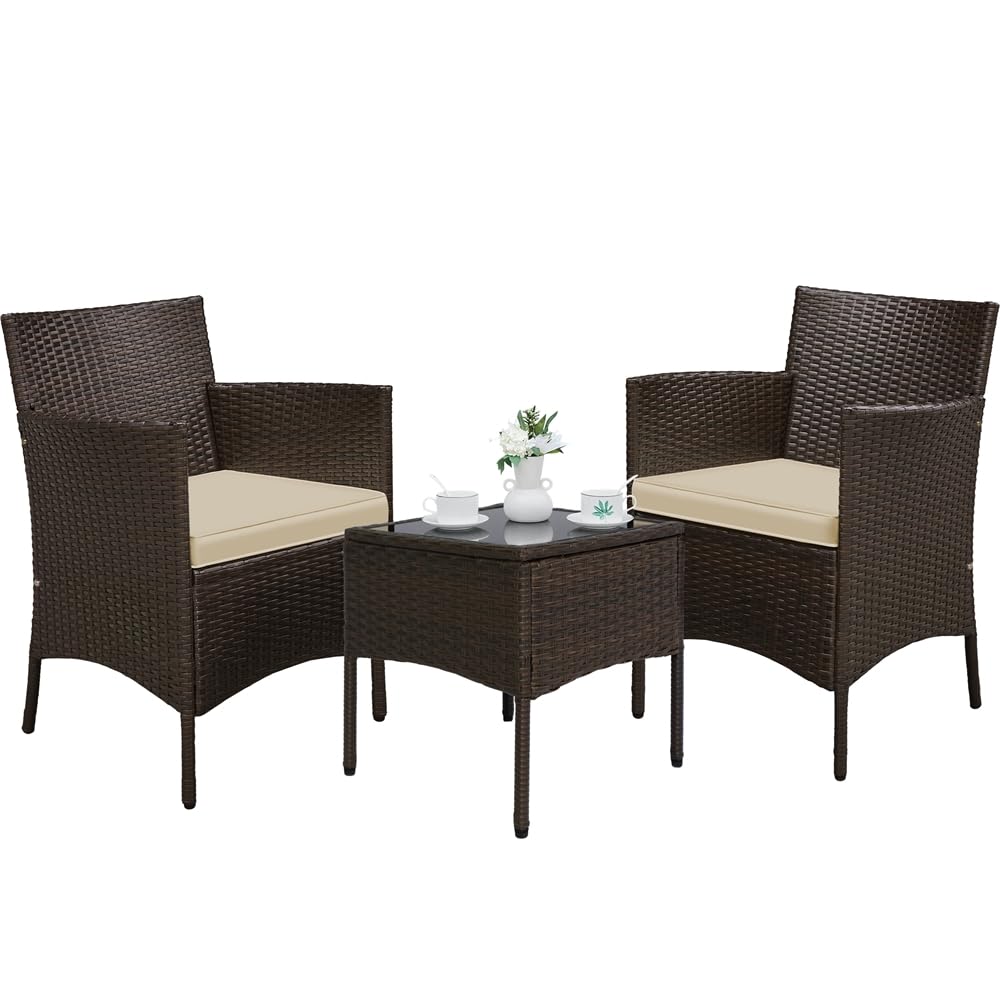 Yaheetech Conjunto de Muebles de Jardín Exterior Juego de Sillas y Mesa Terraza con Cojines Sillas de Ratán PE para Balcon