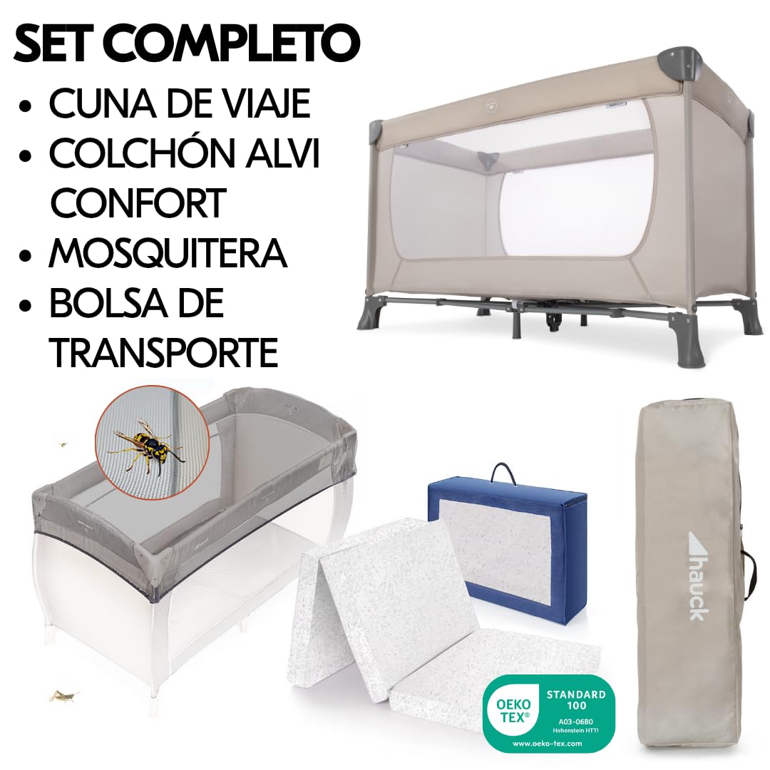 hauck Dream N Play Set de Cuna de Viaje Bebe con Colchon y Mosquitera - Parque Infantil Plegable y Portátil con Accesorios - Bolsa de Transporte – Montaje Fácil - Beige