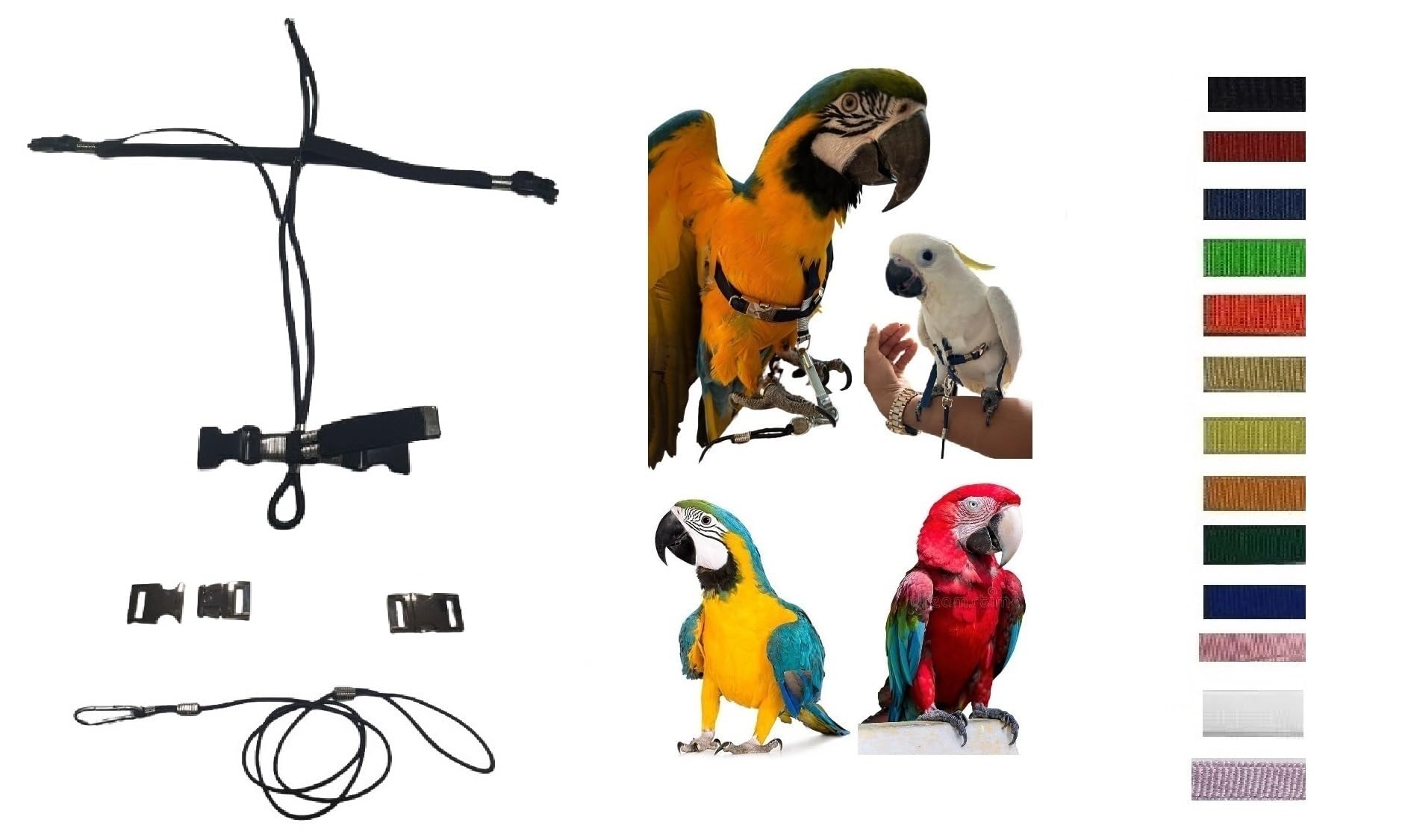 Pechera ajustable para loros, talla Buceo o cacatúa, elástico de 15 mm, 2 enganches de plástico o acero ajustables, cuello de 4 mm negro, correa de 4 mm negra PR (hebillas de metal)