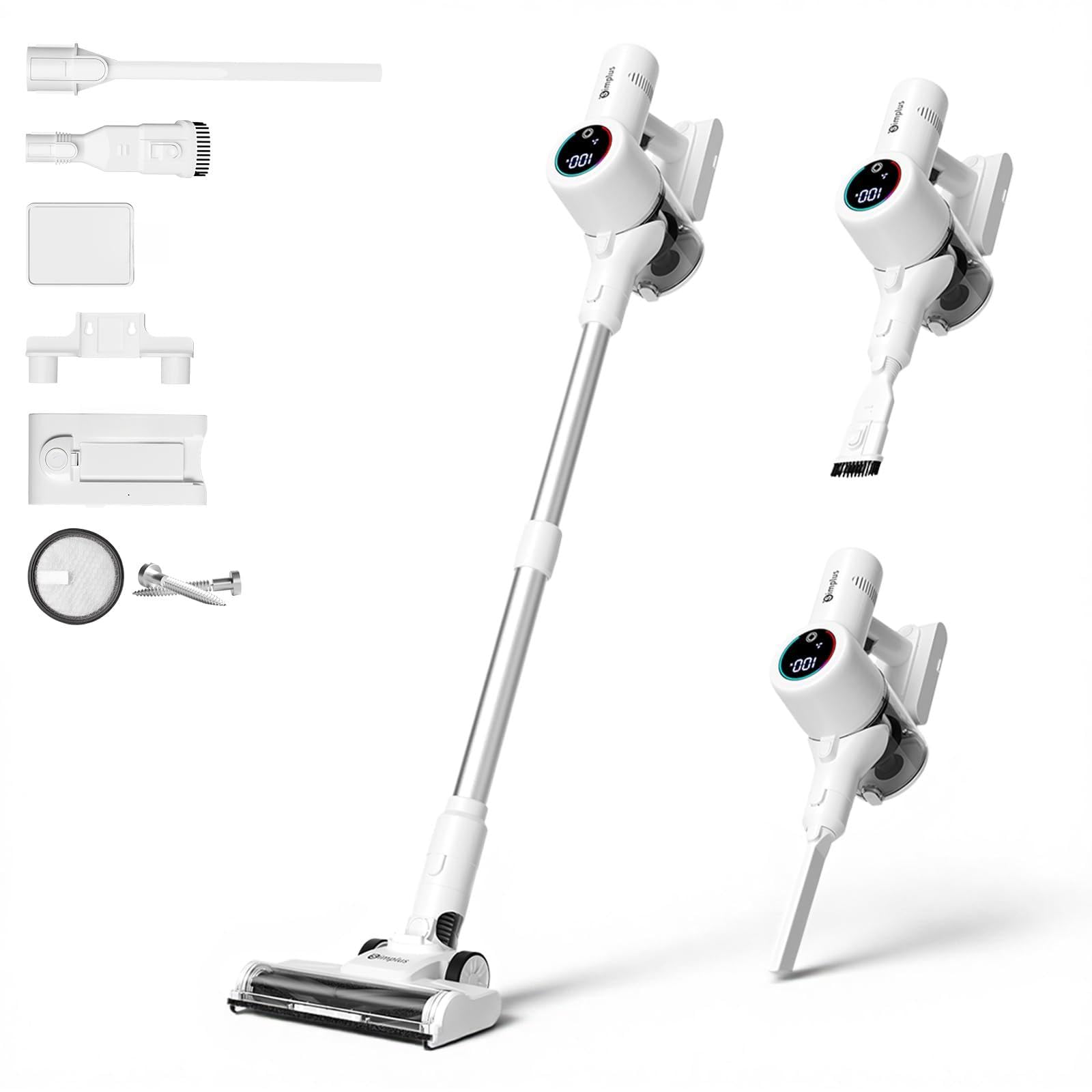 SIMPLUS Akku Staubsauger 22000Pa, 3-Stufen Saugkraft, LED-Display, 5-Fach Filterung, 40 Min Laufzeit, 0.7L Staubbehälter, mit LED-Bodenbürste & Wandhalterung, für Tierhaare/Teppiche/Hartböden
