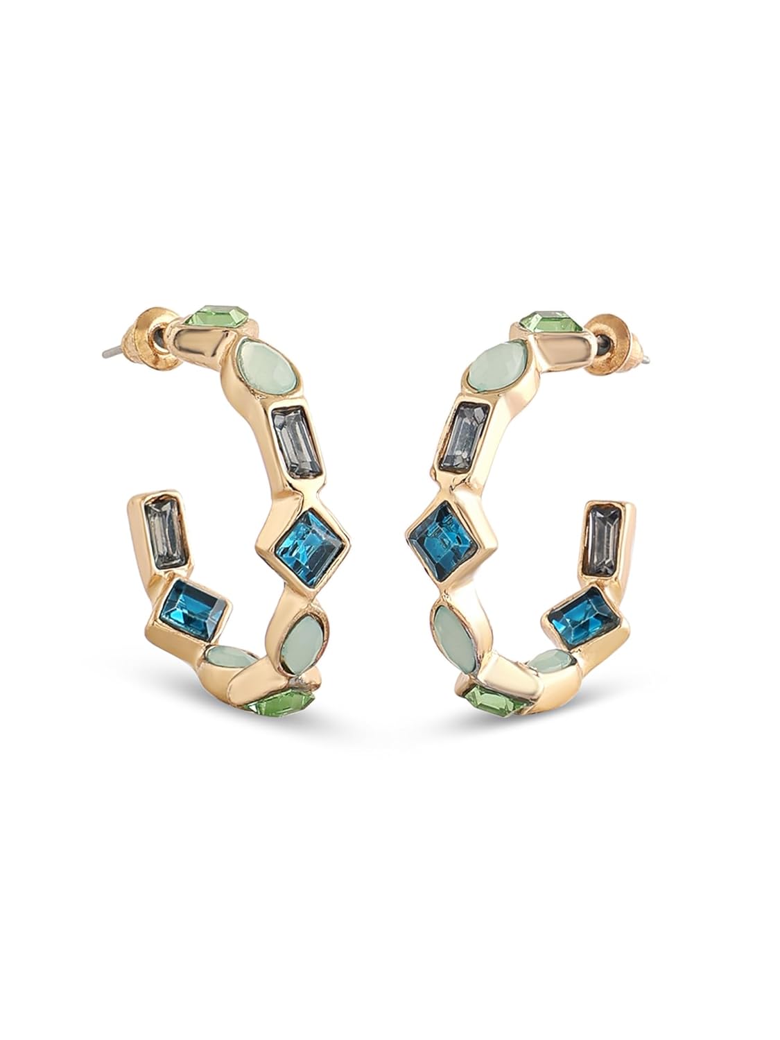 Zaveri Pearls Green Blue Dazzling Stones Embellished Contemporary Semi Hoop Studs Earrings For Women-ZPFK17215