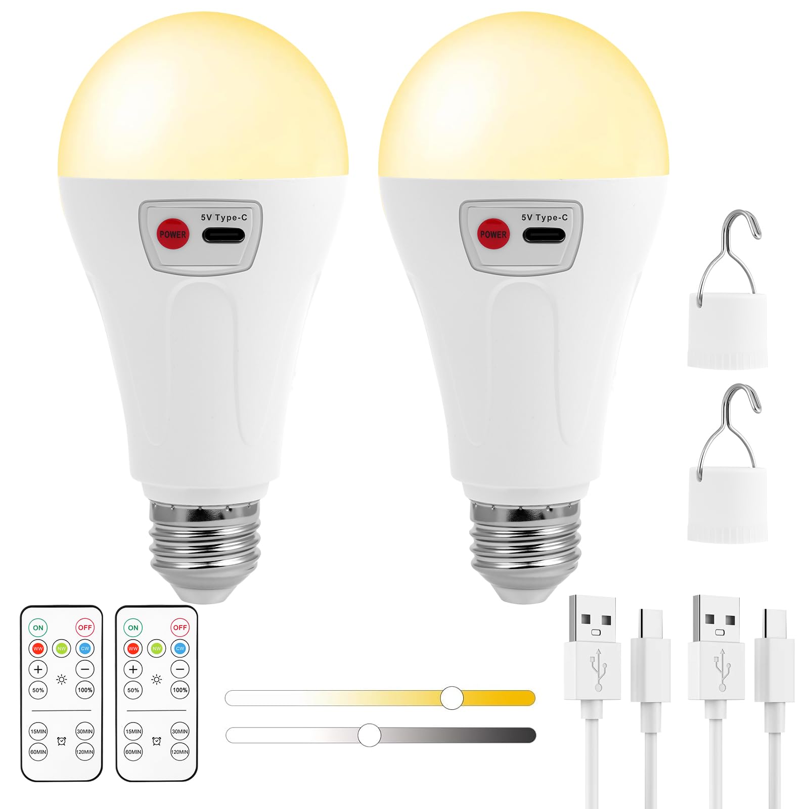 AUAUY 2PCS USB Rechargeable Light Bulb with Remote Control, E27 7W Battery Operated Light Bulb with 3 Colors Dimmable,2000mAh for Camping, Party, Emergency, Non-Hardwired