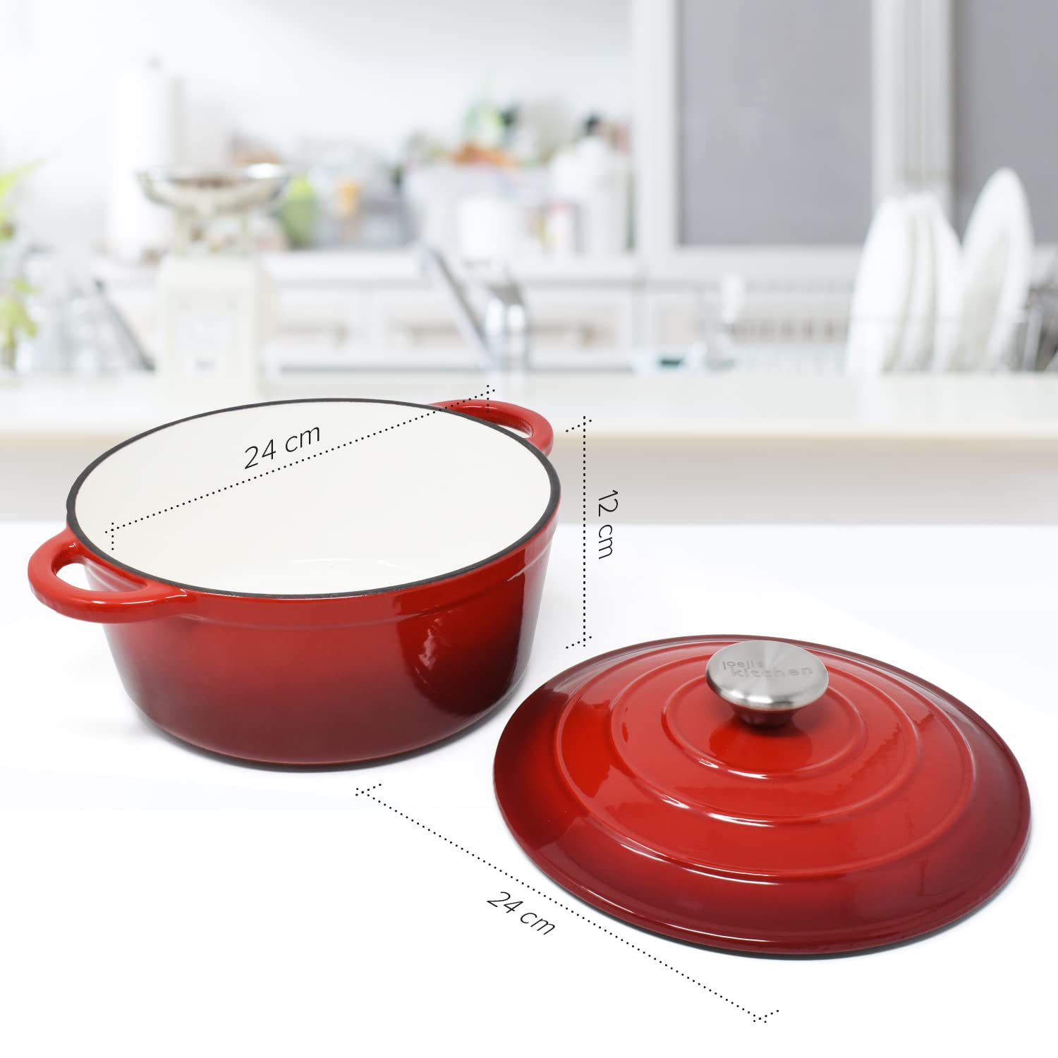 Joeji's Kitchen Casseruola ghisa rossa con coperchio per forno e piano cottura, pentola in ghisa antiaderente, versatile cocotte da 2.7L per stufato e arrosti lenti, pentola pane per forno
