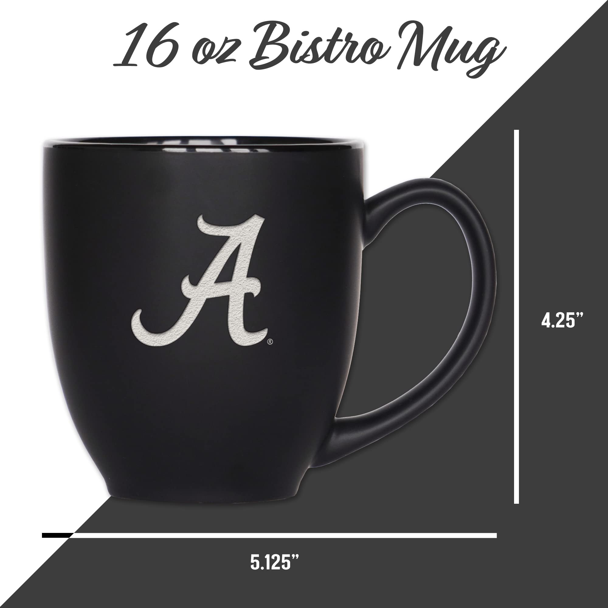 Rico Industries NCAA Alabama Crimson Tide Main - Taza bistró negra mate de 473 ml, para bebidas calientes o frías, logotipo del equipo grabado para una sensación única