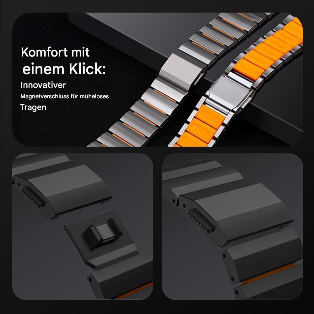 22mm Universal-Titan-Armband mit Magnetverschluss für Huawei GT6/GT6 Pro/GT5/4/3 Pro 46mm, Garmin Fenix 8 (47mm)/Fenix 6 Pro–Hybrid-Silikonfutter, leicht, rutschfest, kein Ziepen an den Haaren