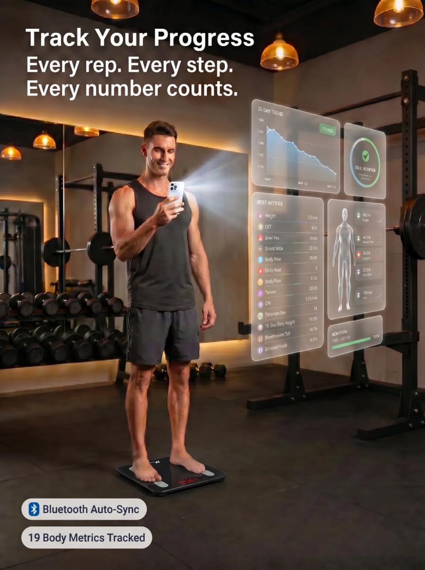 HF Bilancia Pesapersone, con 19 indici di composizione corporea Professionale Impedenziometrica Bluetooth Digitale con App Misura Peso, Massa Grassa, BMI