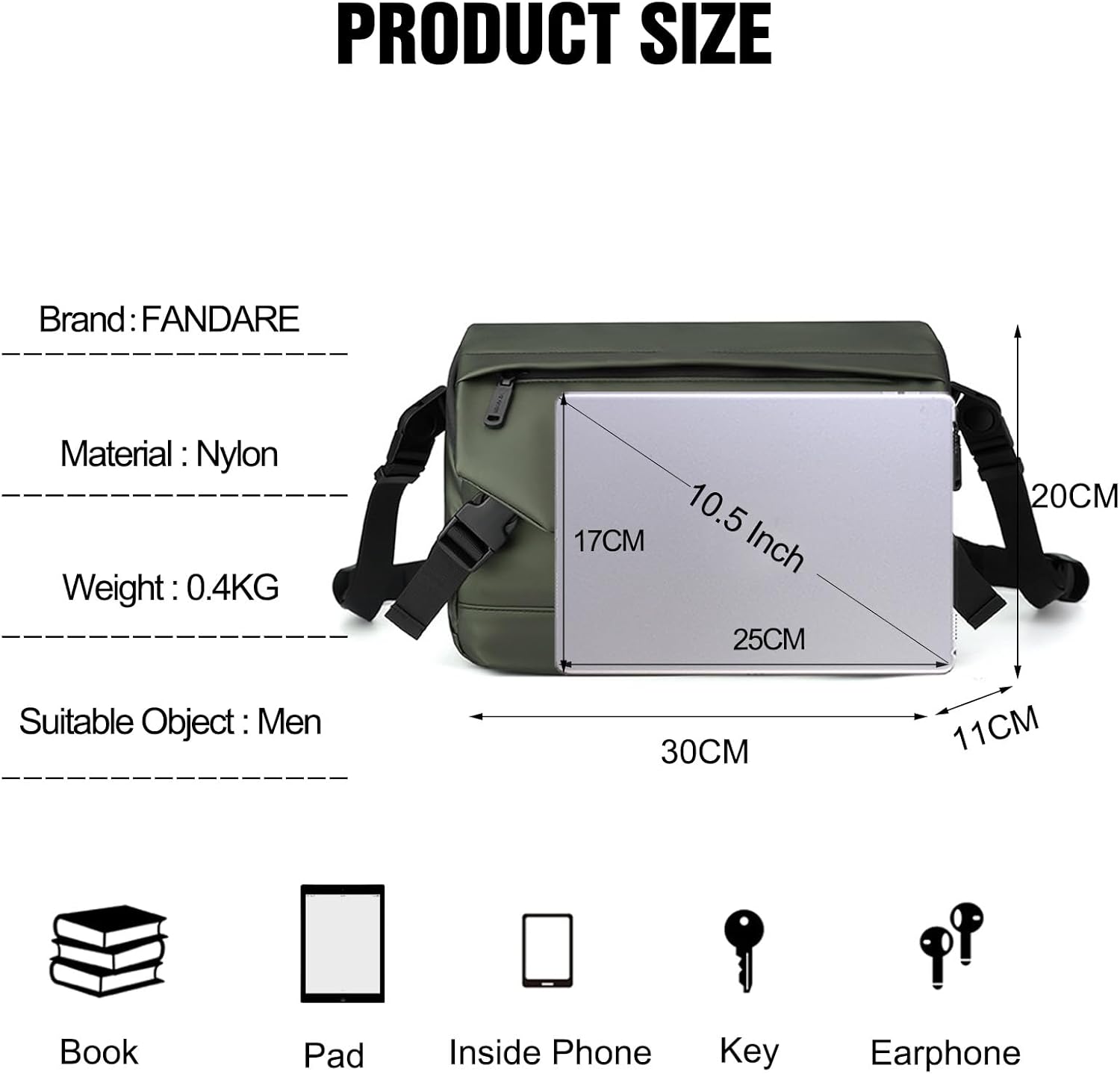 FANDARE Stylish Shoulder Bag Men's Bag Crossbody Messenger Bag Briefcases Small Sling bag for Men for Work Professional Business Office Travel Satchel Bag Black Green