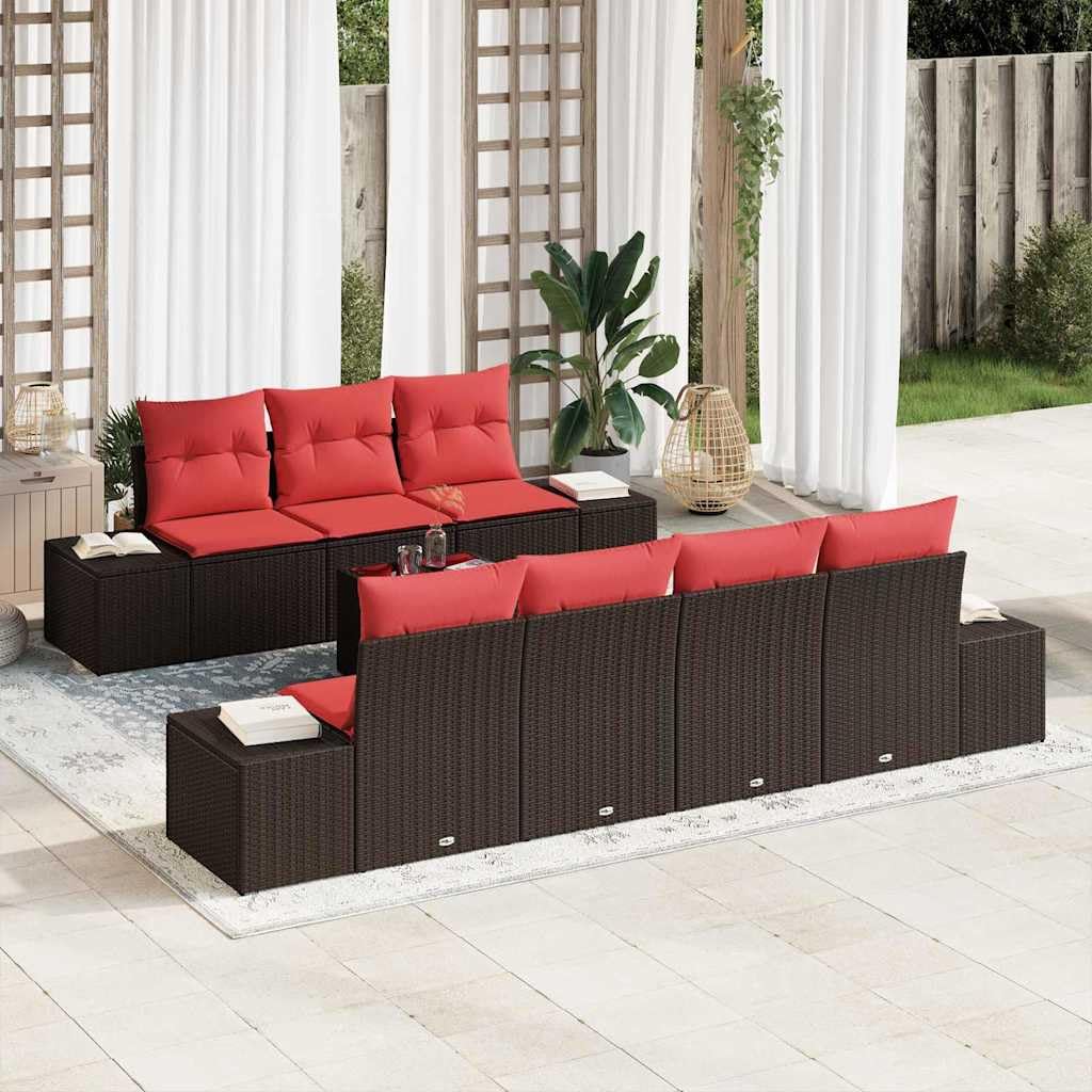 Ensemble de Canapé de Jardin 8 Pièces en Polyrotin Marron, Salon de Jardin Modulable avec Table en Verre Trempé et Coussins Déhoussables pour Terrasse, Patio et Espaces Extérieurs